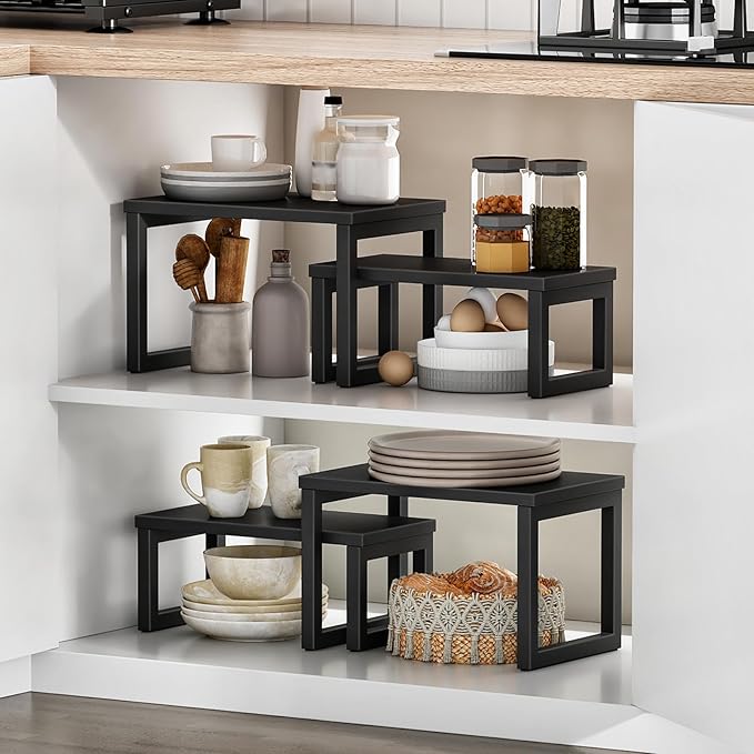 HOOBRO Cabinet Organizer Shelf, Set of 4 Kitchen Counter Shelves, Expandable Kitchen Storage, Stackable Spice Rack, for Kitchen, Countertop, Office Desk, Living Room, Black BK20TLP201