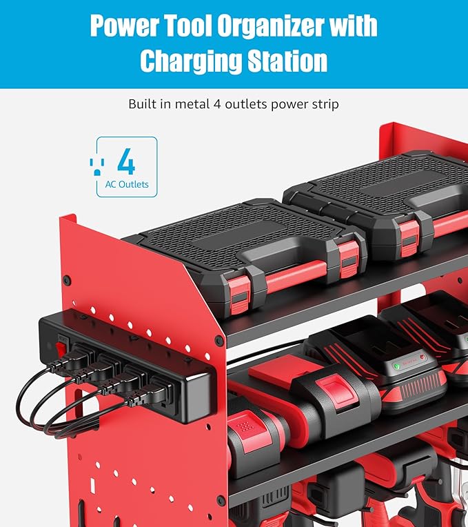 CCCEI Modular Power Tools Organizer Charging Station, Drills and Battery Storage Wall Mount, Garage Shop Organization, Anniversary, Birthday, Gifts for Men, Father, Red, 1 Pack.