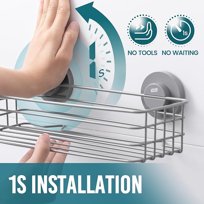 TAILI Shower Caddy Suction Cup 2 Pack with Hooks & Soap Holder, Heavy Duty Shower Organizer for Bathroom, No Drilling Bathroom Organizer with Large Capacity, Metal Storage Holder-Grey