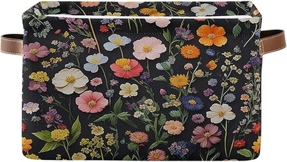 Vintage Florals Herbs Storage Basket Decorative Watercolor Herbs Fabric Baskets Bins Foldable Shelf Closet Baskets Storage Box Cube With Handle Organizer Basket For Kids Toys Clothes Bedroom