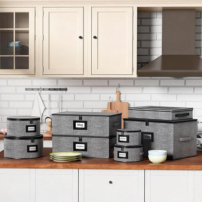 Aokeyee 8-Piece China Storage Containers Set, Hard Shell Moving Boxes for Dishes, Plates, Mugs, Wine Glass & Flatware – Dinnerware Organizer with Soft Felt Dividers, Sturdy Handles & Zippers, Grey