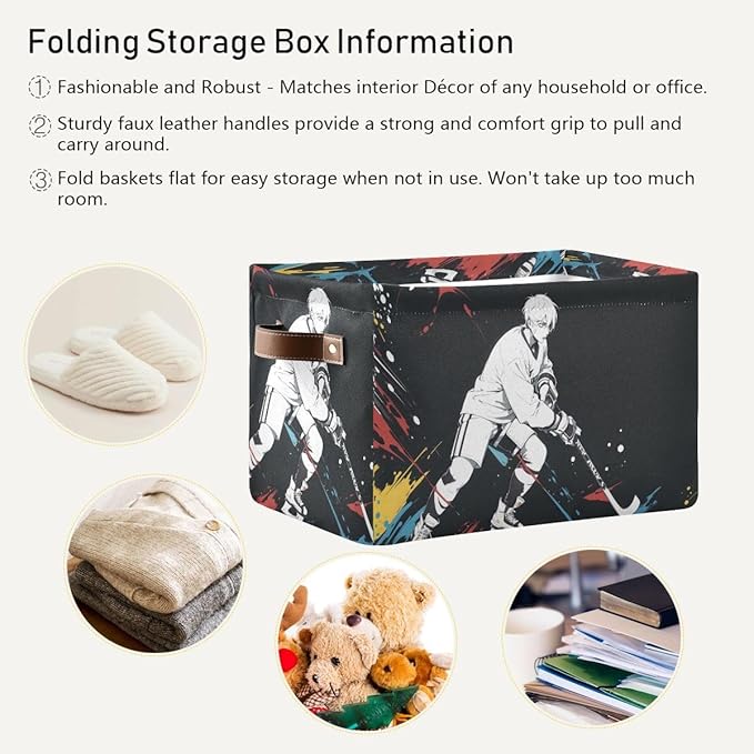 Storage Basket Hockey Player Durable Canvas Collapsible Toy Box Organizer Bin with Handles for Shelf Closet Bedroom Home Office