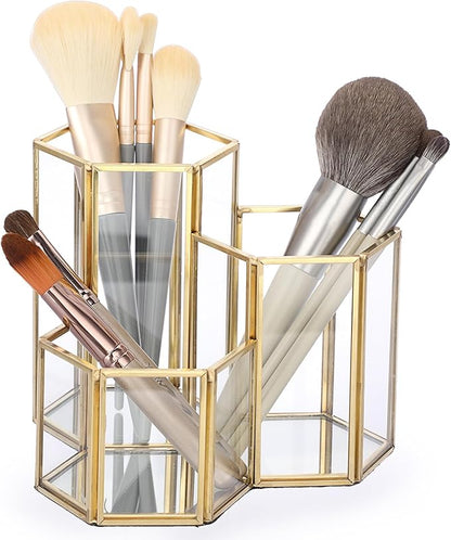 Hipiwe Glass Makeup Brush Holder 3 Slot Mirrored Gold Cosmetics Brush Organizer Eyeliners Display Case Vintage Decorative Makeup Storage Box Desktop Pen Pencil Pot, Large