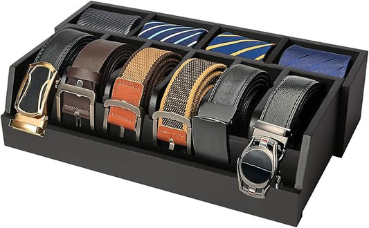 Wooden Belt Organizer, 10 Compartments Belt Organizer for Closet and Drawer, Stylish Belt Storage Display Holder for Men Women’s Belts, Ties, and Jewelry, Black