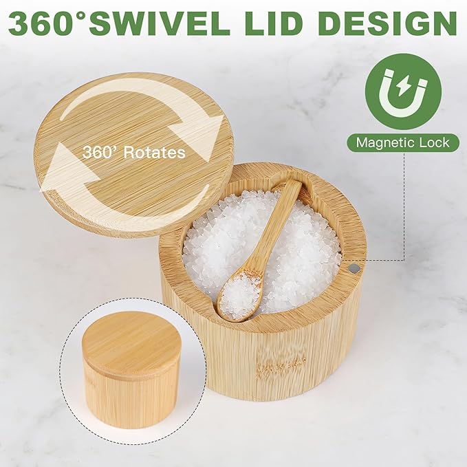 Ninsula Bamboo Salt Cellar, 360° Magnetic Swivel Lid Salt Container with Built-in Spoon for Storing Table Salt, Pepper, Sugar, Sea Salt, Spices, and Herbs
