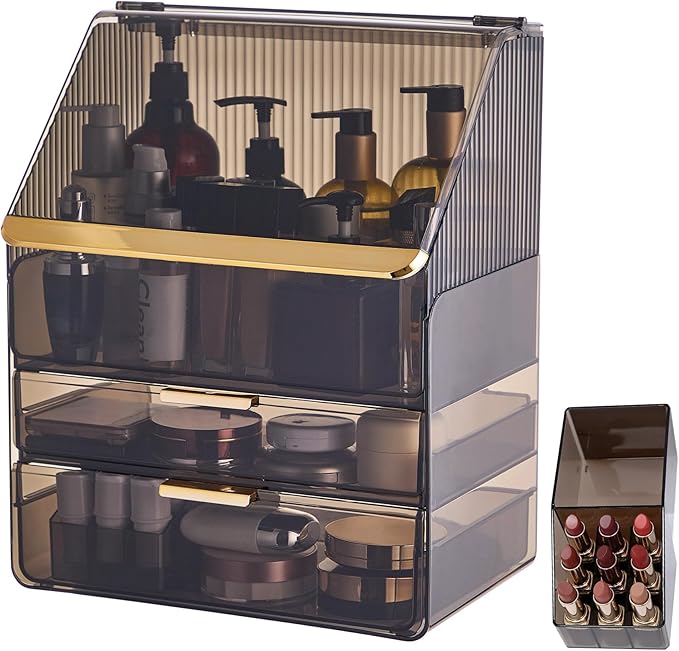 Large 3-Tier Makeup Organizer with Drawers and Lipstick Holder, Dustproof Waterproof Skincare Storage Box for Bathroom Countertop, Vanity Cosmetic Organizer,Clear Black