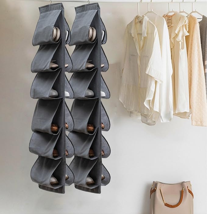 2 Pack Hanging Shoe Organizer, 12 Large Pockets, Rotating, Space Saving, Closet Shoe Storage