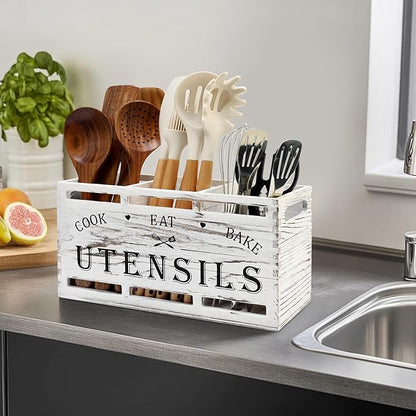 Wood Large Utensil Holder for Kitchen Counter Spatula Holder Cooking Utensils Organizer Farmhouse Utensil Caddy Rustic White Kitchen Decor Tools Gift Wooden Countertop Cutlery Caddy Spoon Holder