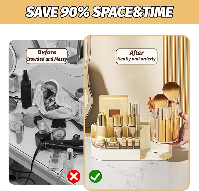 DASITON Large Capacity Makeup Organizer with 360° Rotating Makeup Brush Holder, Perfume and Skincare Storage Organizers for Vanity Bathroom Countertop, Cosmetic Display Case (Cream, 1 Tier)