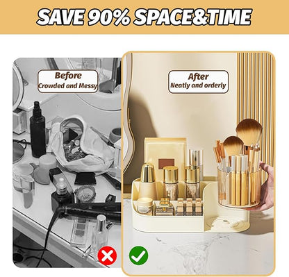 DASITON Large Capacity Makeup Organizer with 360° Rotating Makeup Brush Holder, Perfume and Skincare Storage Organizers for Vanity Bathroom Countertop, Cosmetic Display Case (Cream, 1 Tier)