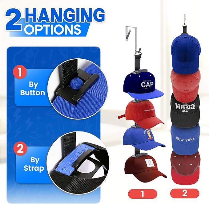 Hat Organizer for Baseball Caps, Over the Door Hat Rack with 10 Display Hooks and Hanger, 2-Way Hanging Hat Storage and Hat Holder for Bedroom, Entryway or Garage Doors – 1 Pack