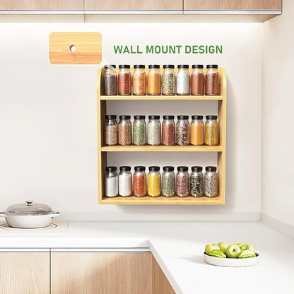 ROMGUAR CRAFT 3 Tier Bamboo Spice Rack, Countertop or Wall Mounting Wood Spice Jars Organizer Shelf for Kitche, Pantry (Natural)