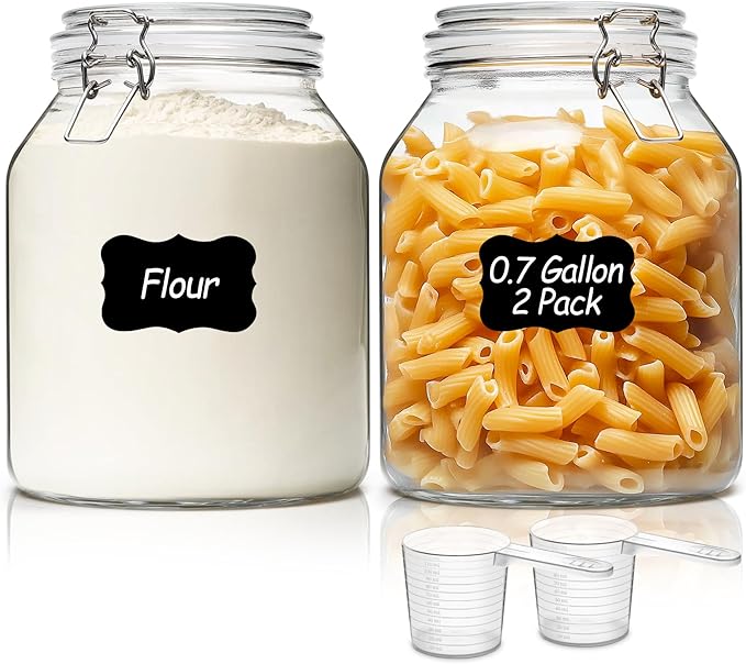 ComSaf 2 Pack 0.7 Gallon (88 Oz) Large Glass Jars with Airtight Lids, Wide Mouth Fermenting Jar for Pantry, Bulk Food Storage Canister for Flour, Sourdough Starter, Pickling, with Scoop