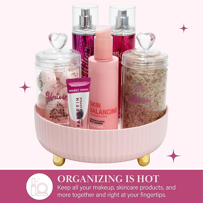 Paris Hilton 360° Rotating Makeup Organizer Tray, Large Capacity for Skincare & Beauty Essentials, Fluted Design with Gold Accents, 8.75-Inch, Pink