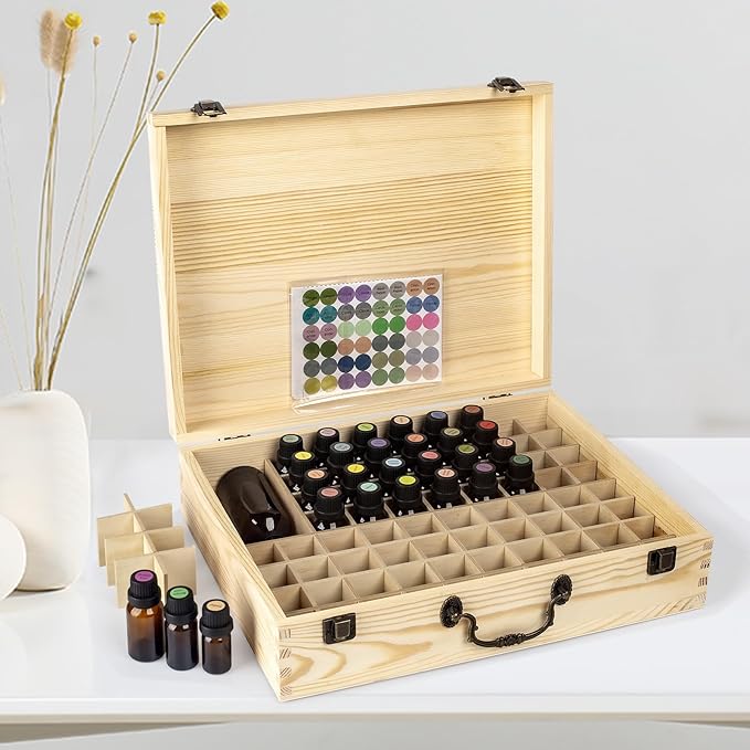 Essential Oil 80 Slots Storage Box Wooden Essential Oils Display Organizer Stand Holder for 15 ml Bottles Nail Polish Collection.