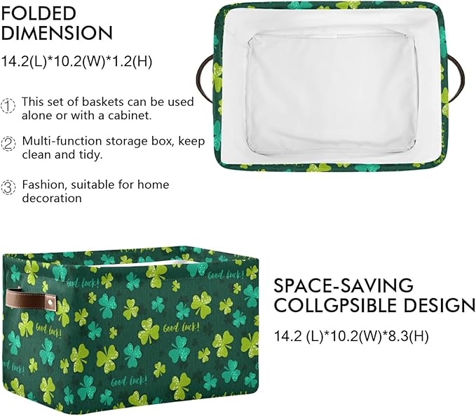 Bolaz Large Storage Basket St Patrick Day Shamrocks Clover Lucky Leaf Foldable Storage Box Organizer Bins with Handles for Bedroom Home Office