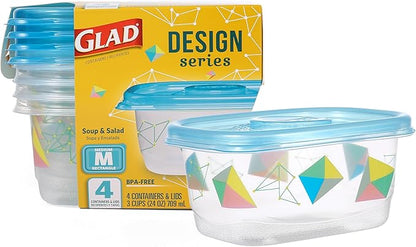 Glad GladWare Design Series Food Storage Containers with Lids, Medium Rectangle BPA Free Plastic for Meal Prep and Lunches, Tight Seal, Microwave and Dishwasher Safe, 24 Oz, 4 Count