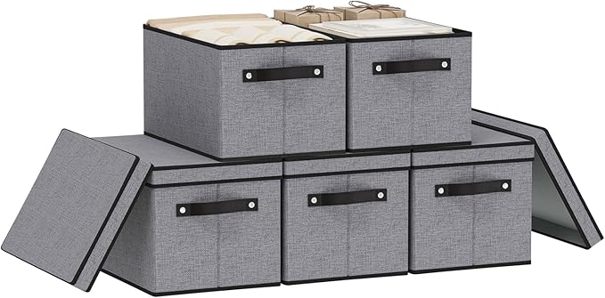 Storage Boxes with Lids, 15 x 9.8 x 8.3 Inch Storage Bins for Wardrobe Bedroom Laundry, Fabric Closet Organizers with Handles,Gray, 5-Pack