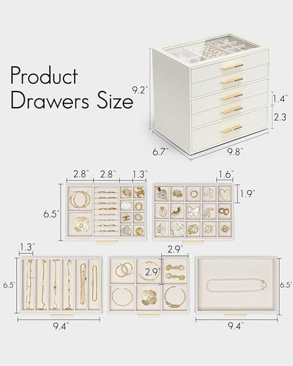 VLANDO 5 Layer Jewelry Box for Women, Glass Lid Jewelry Organizer with 5 Drawers for Necklaces Rings Earrings Bracelets - Cloud White
