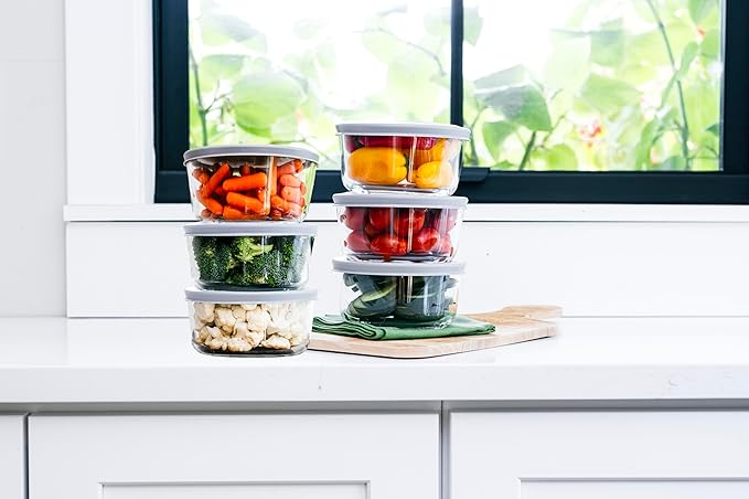 12-Piece Glass Food Storage Containers Set (6 Containers + 6 BPA-Free Lids) | 2-Cup, Leakproof | Microwave, Freezer, Oven & Dishwasher Safe | Ideal for Meal Prep & Pantry Organization, Grey