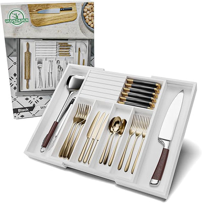 Silverware Drawer Organizer Bamboo Knife Organizer Drawer Insert Expandable Utensil Holder for Kitchen Drawer Flatware Holder W12.8-20.2" x L16 x H2 (White)