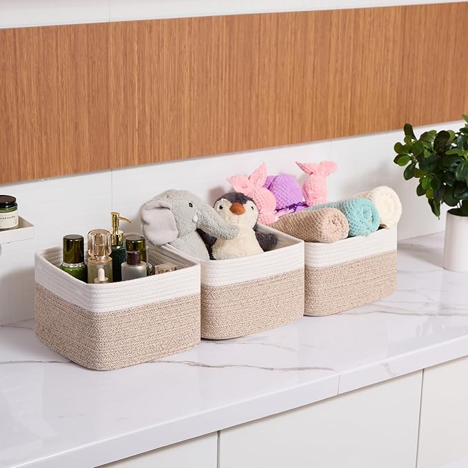 MiniArk Small Organizing Baskets for Cubes Shelf, 9.7x9.7x7.1 Inch Rope Woven Storage Bins for Nursery Shelves Storage, Cute Toy Basket, Square 3 Packs Off White Brown