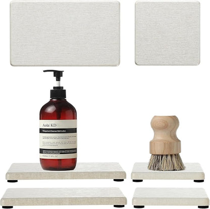 Razborci 4PCS Bathroom Sink Vanity Trays, Diatomaceous Earth Quick Stone Drying Mat Kitchen Counter Dish Soap Dispenser Sponge Holder, Water Absorbing Caddy Organizer for Bottle & Cup, Beige