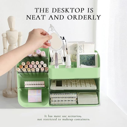 Makeup Organizer Countertop with Drawers, Cosmetic Organizer with Travel Makeup Brush Holder, Skincare Organizer & Storage with Drawers for Bathroom, Beauty Essentials, Eyeshadow (green)