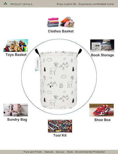 Round Woodland Deer Laundry Basket, Collapsible Laundry Hamper for Kids, Cute Mountain Forest Storage Bin, Waterproof Toy Storage for Nursery, Bedroom, Playroom, New Parent Gift(Forest deer)