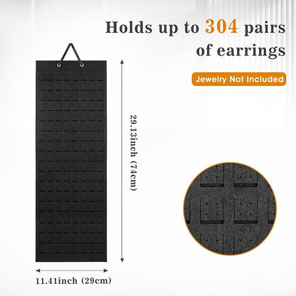 Lolalet Hanging Earring Holder Organizer with 20 Hooks for Women, Earring Organizer Wall Earrings Hanger Pierced Earring Storage, Felt Stud Earring Display, 608 Holes for Earrings - Black, 2 Pack