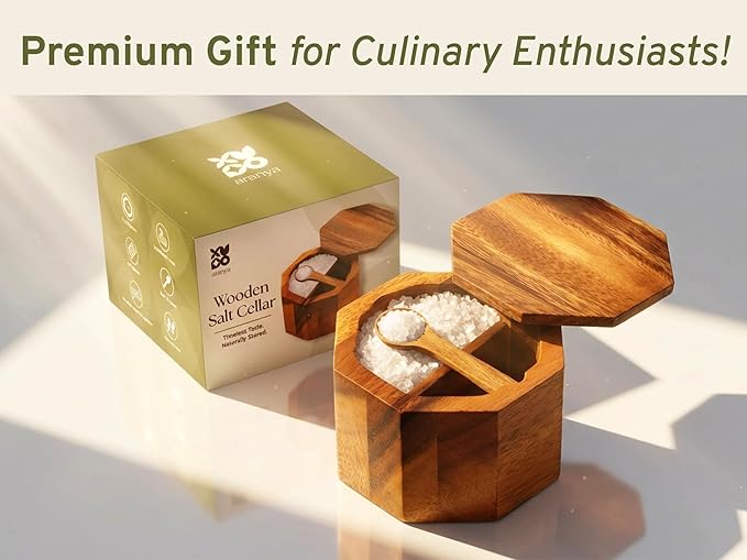ARANYA Wooden Pepper and Salt Cellar with Lid and Spoon Set Keeper Two Compartments Spice Seasoning Wood 7oz. Container for Countertop Kitchen Storage Sea Salt Box Holder with Anti-Slip Feet Slip