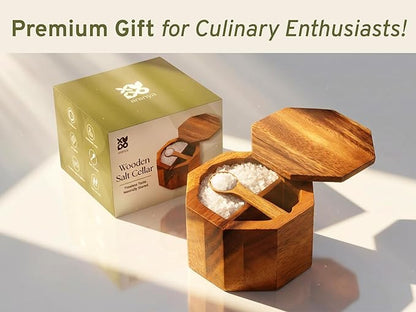 ARANYA Wooden Pepper and Salt Cellar with Lid and Spoon Set Keeper Two Compartments Spice Seasoning Wood 7oz. Container for Countertop Kitchen Storage Sea Salt Box Holder with Anti-Slip Feet Slip
