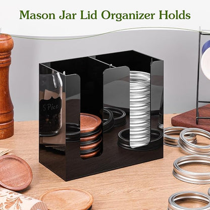 Black Mason Jar Lid Organizer (Wide Mouth & Regular Mouth) 2 Compartment Cup Dispenser Organizer Ball Jar Wooden Storage Accessories for Kitchen Coffee Tumbler Lids, Fit Mason/Canning/Bamboo Lids