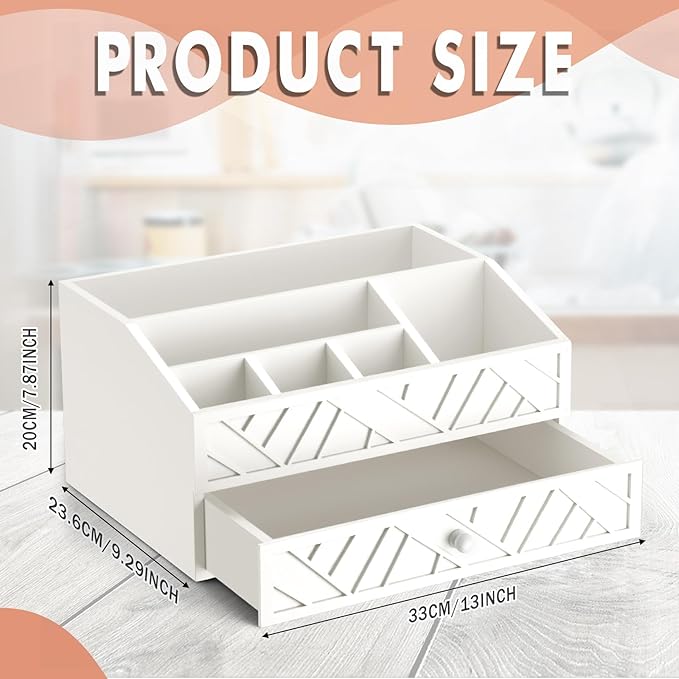 Marsui Paper Plate Dispenser, Wood Rustic Paper Plate Holder for Countertop with Drawer Silverware Utensil Caddy, Cutlery Flatware Organizer for Spoon Fork Napkins Kitchen Parties(White)