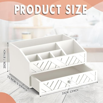 Marsui Paper Plate Dispenser, Wood Rustic Paper Plate Holder for Countertop with Drawer Silverware Utensil Caddy, Cutlery Flatware Organizer for Spoon Fork Napkins Kitchen Parties(White)