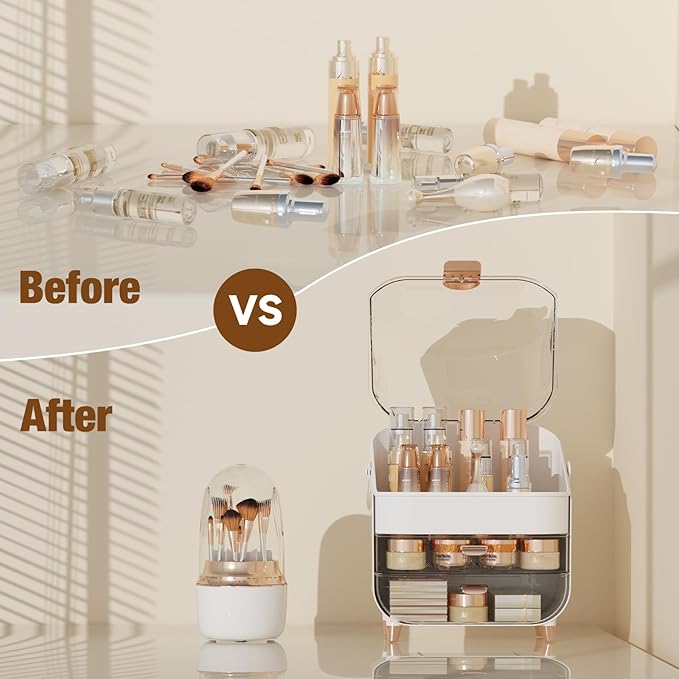 Makeup Organizer Countertop & 360° Rotating Makeup Brush Holder, Skincare Holder with Lid and Drawers, Storage Box Cosmetic Display Cases, Teen Girl Gifts, Vanity, Bathroom Counter,Rose Gold