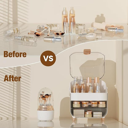 Makeup Organizer Countertop & 360° Rotating Makeup Brush Holder, Skincare Holder with Lid and Drawers, Storage Box Cosmetic Display Cases, Teen Girl Gifts, Vanity, Bathroom Counter,Rose Gold