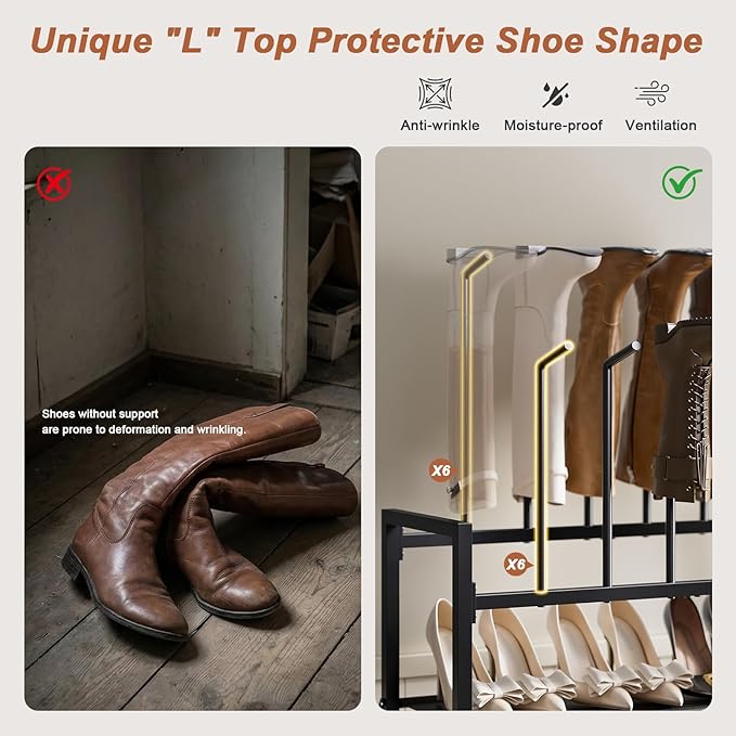 Free Standing Shoe Racks, 8-Tier Boot Rack Organizer for Tall Boots, Sneakers, High-Heel, Black Metal Shoe Storage for Dorm Room, Closet, Entryway, Hallway, Black, Holds 6 Pairs