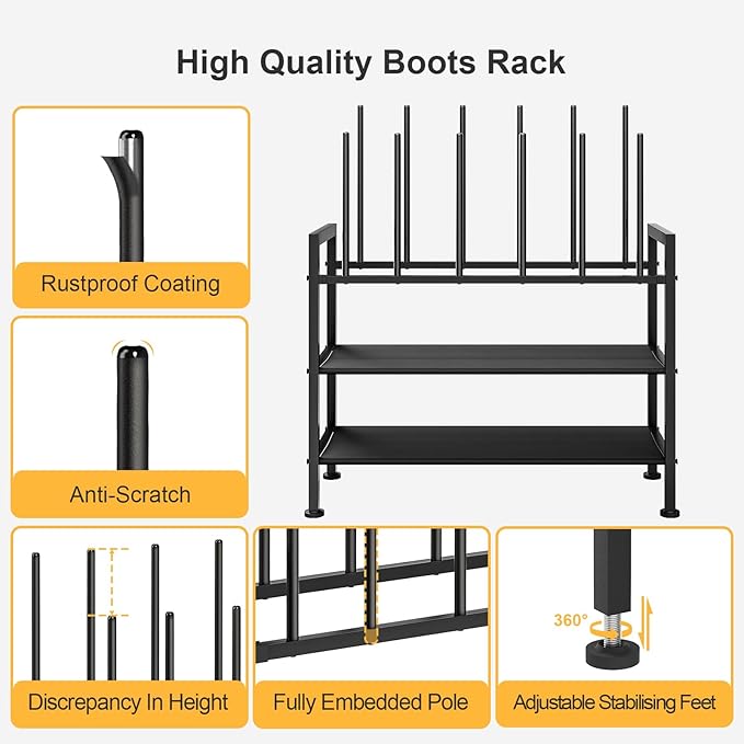 DIMJ Free Standing Shoe Racks - 4-Tier Boot Rack, Black Metal Boot Storage Organizer Tall Boots, Tall Boot Organizer for Closet, Multiuse Shoe Rack for Boots, Sneakers,Fit for 6 Pairs Boots, Black