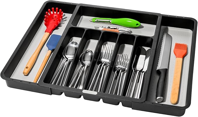 madesmart Expandable Silverware Tray, 8 Compartment Silverware Organizer for Forks, Knives & Spoons, Non Slip, Soft Grip Base, Expands to Fit Most Drawers, Carbon