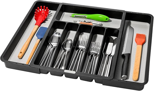 madesmart Expandable Silverware Tray, 8 Compartment Silverware Organizer for Forks, Knives & Spoons, Non Slip, Soft Grip Base, Expands to Fit Most Drawers, Carbon