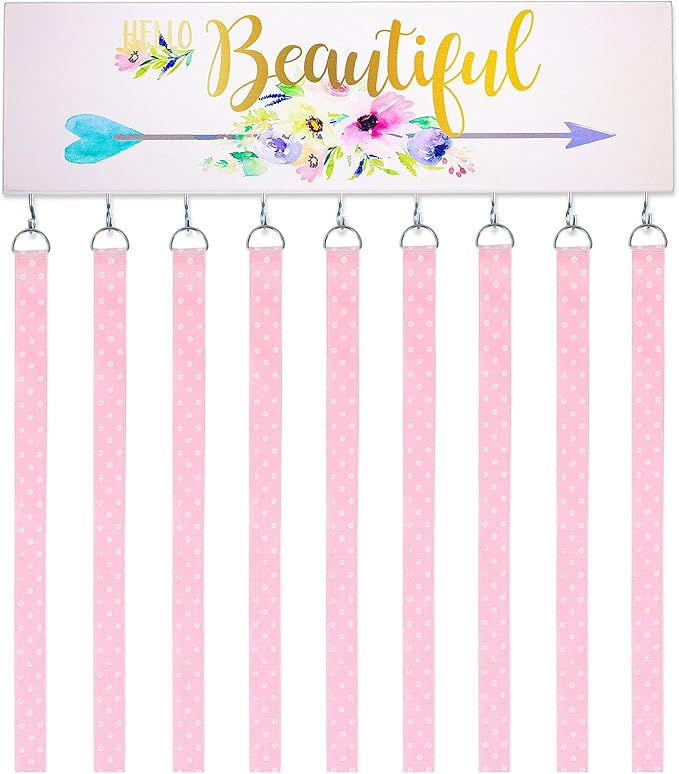 Jetec Hair Bow Organizers, Hair Clip Holders, Hello Beautiful Wall Mount Jewelry Holder with 9 Hooks for Room(Beautiful Style)
