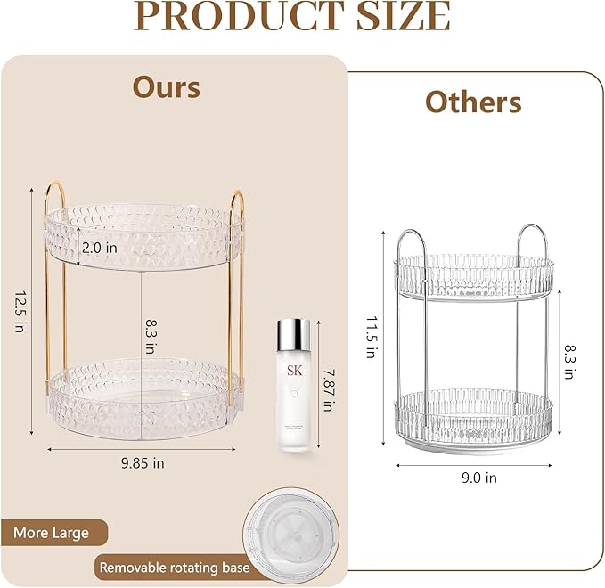 Rotating Makeup Organizer for Vanity, 2 Tier Perfume Skincare Storage for Women, Bathroom Counter Organizer, 360° Spinning Cosmetic Holder for Dresser Countertop, Clear