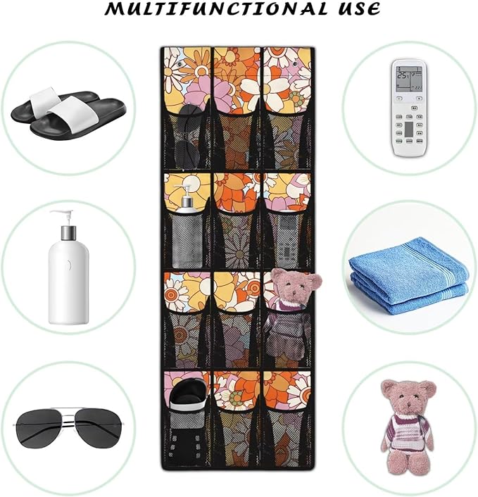 Hippie Flowers Over the Door Hanging Organizer for Closet - Large Storage Bags with Metal Hooks, Space Saving Home Organization