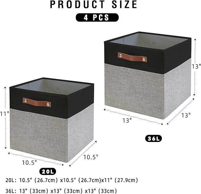 Bagnizer Collapsible Fabric Storage Cube Bins with 2 Reinforced PU Handles, Foldable Storage Organizer Baskets for Closet, Shelves, Living Room | 13"x13"x13", 4 Pack, Black & Gray