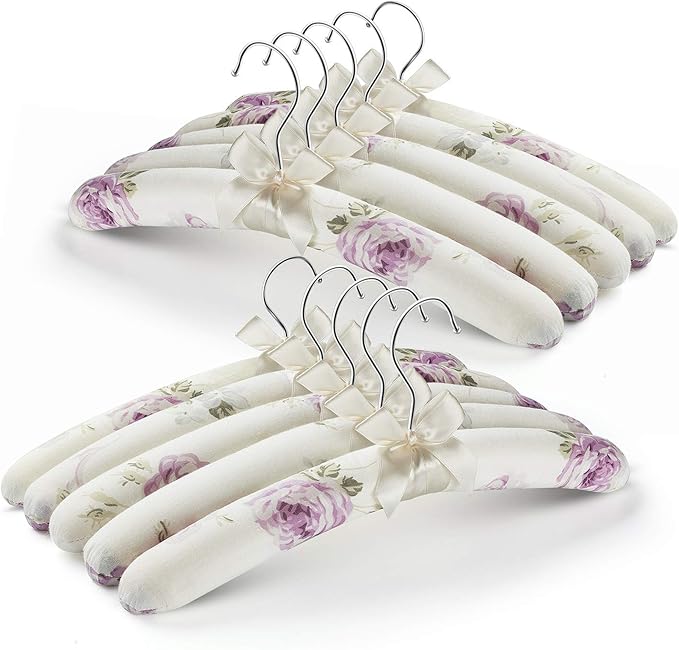 Anti Slip Satin Padded Clothes Hangers for Women Foam Sweater Hangers - Fancy Thick Padded Coat Hanger No Bump Floral Canvas Cover for Adult, Bridesmaid, Wedding Gown Closet (Pack of 10)