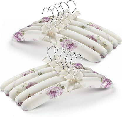 Anti Slip Satin Padded Clothes Hangers for Women Foam Sweater Hangers - Fancy Thick Padded Coat Hanger No Bump Floral Canvas Cover for Adult, Bridesmaid, Wedding Gown Closet (Pack of 10)