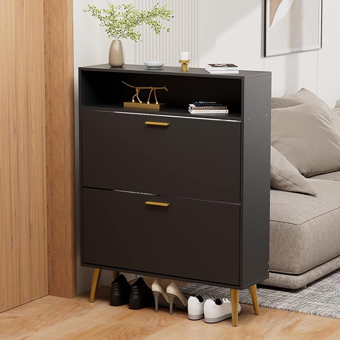 JOZZBY Shoe Cabinet for Entryway, Narrow Shoe Storage Cabinet with 2 Flip Drawers, Freestanding Hidden Shoe Rack Storage with Open Shelves for Hallway, Living Room