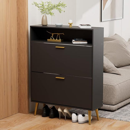 JOZZBY Shoe Cabinet for Entryway, Narrow Shoe Storage Cabinet with 2 Flip Drawers, Freestanding Hidden Shoe Rack Storage with Open Shelves for Hallway, Living Room