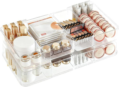 Qivine Expandable Acrylic Drawer Organizer, Clear Makeup Drawer Organizer Trays, 11 to 19In Adjustable Kitchen Utensil Organizer with 5 Compartments Expandable for Makeup Silverware Office Bathroom